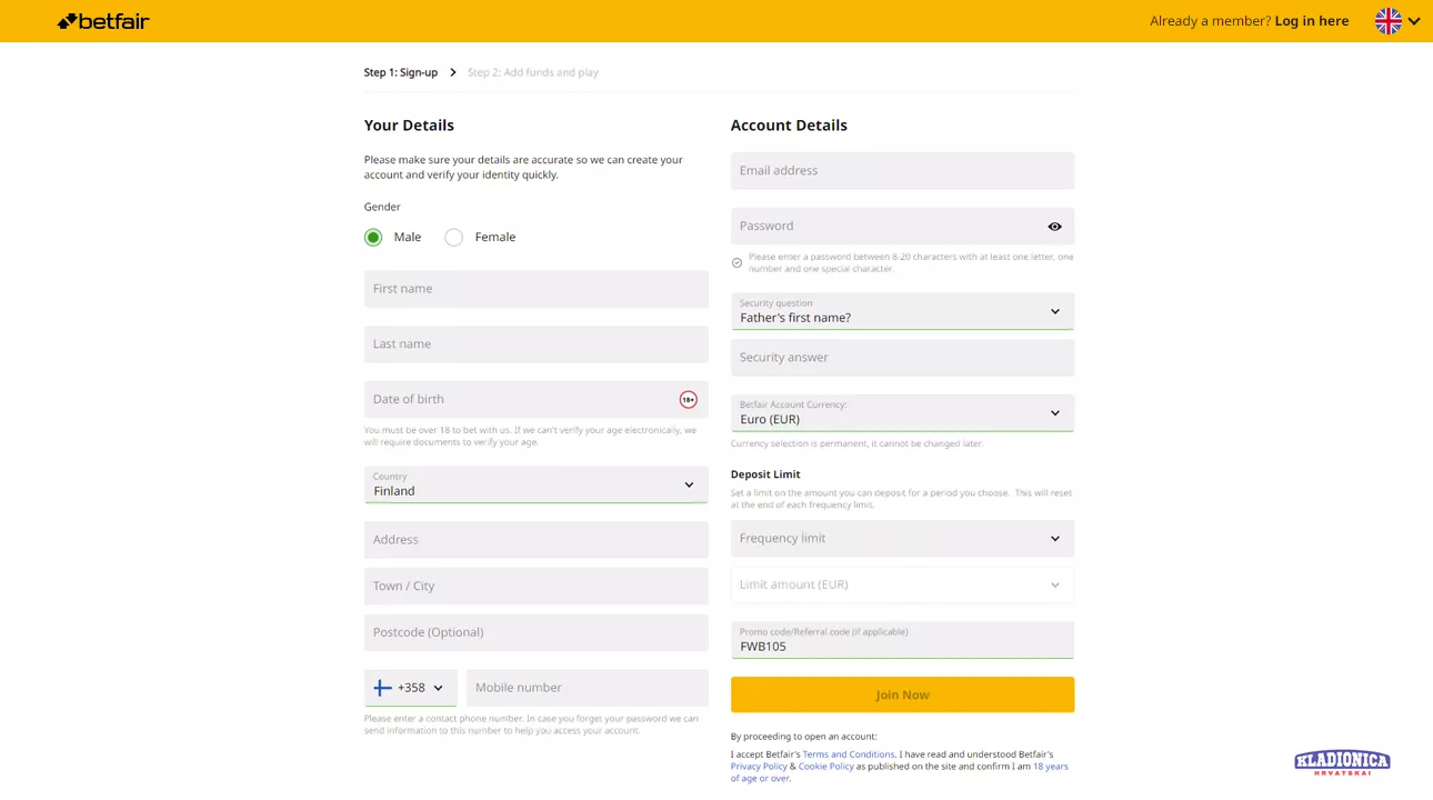 Registracija na Betfair